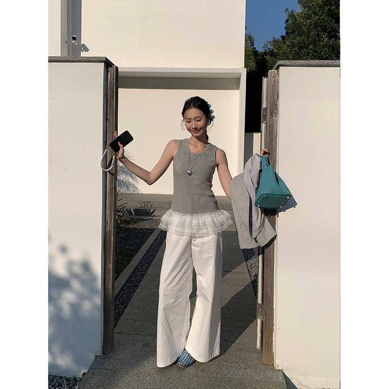 レース 服 レース裾フリルタンクトップス