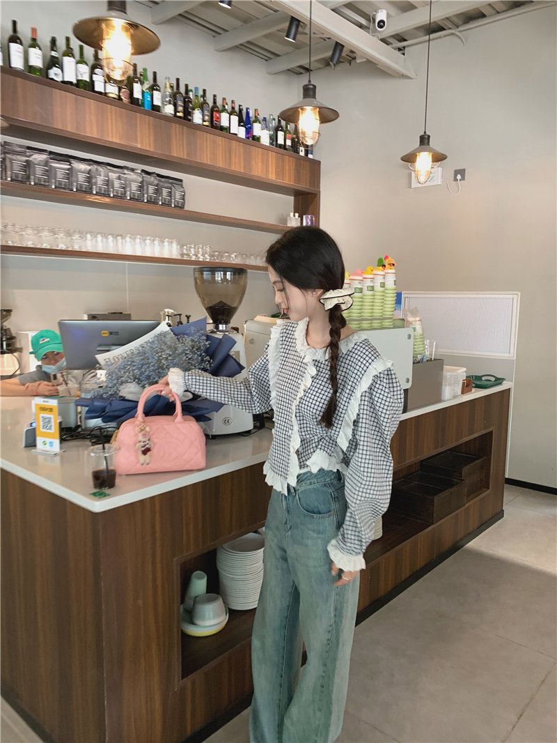 レース 服 レトロチェック柄レース飾りゆったりブラウス