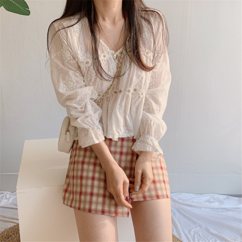 レース 服 花柄刺繍レースブラウス ふんわりフリル袖 長袖