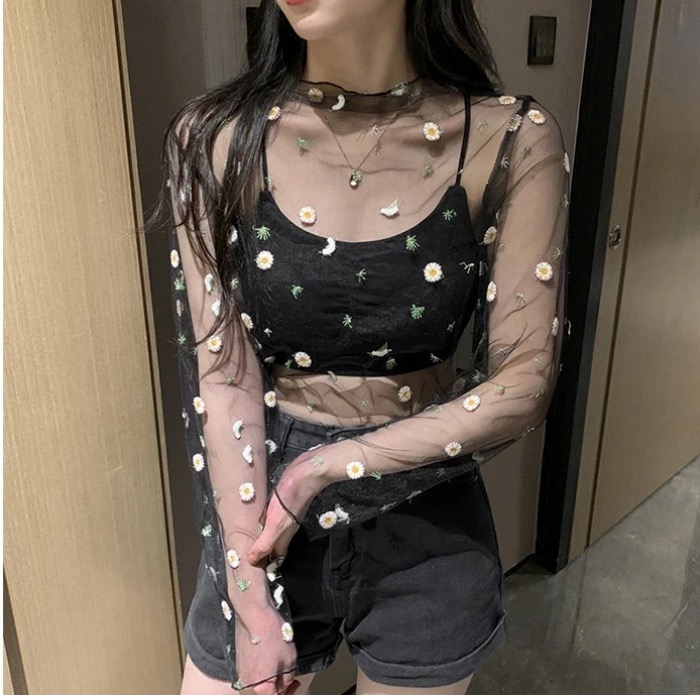 レース 服 春夏レディース刺繍レースタートルネック長袖トップス