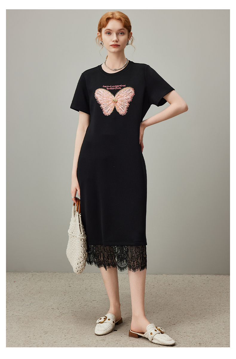 レース 服 蝶々刺繍レース裾ワンピース