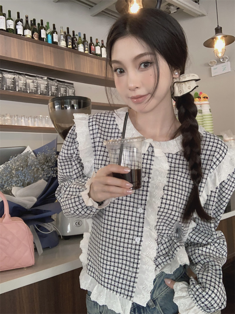 レース 服 レトロチェック柄レース飾りゆったりブラウス