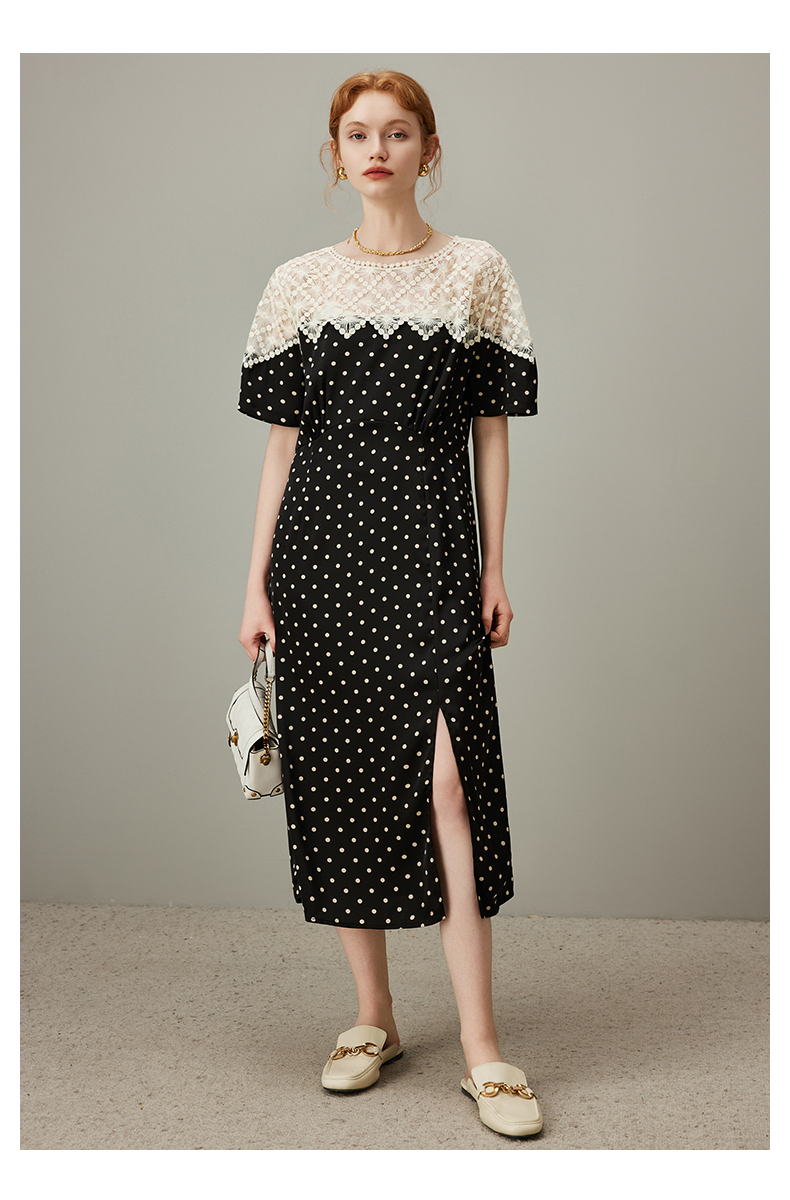 レース 服 レース切り替え水玉スリットワンピース