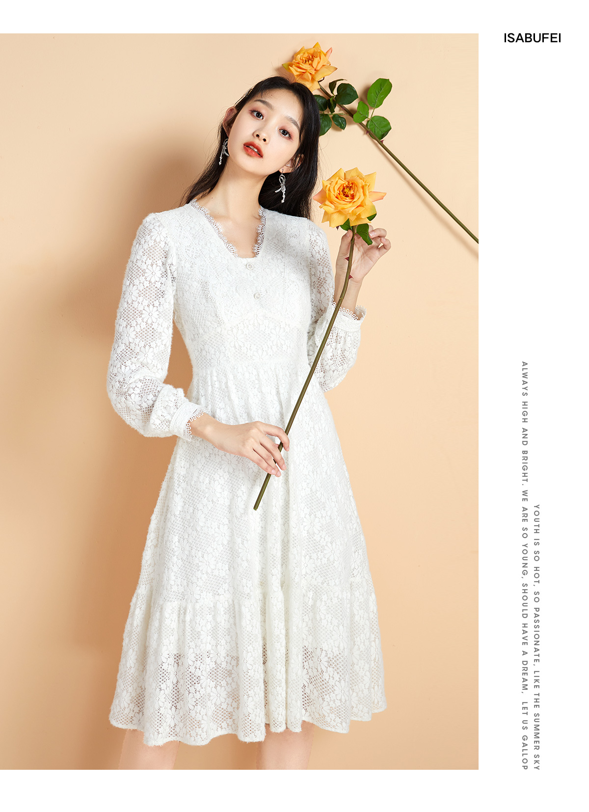 レース 服 花柄レース 長袖フレアワンピース