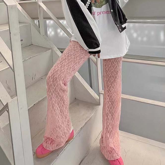 レース 服 薄手レースロングパンツ個性的おしゃれ着痩せ効果