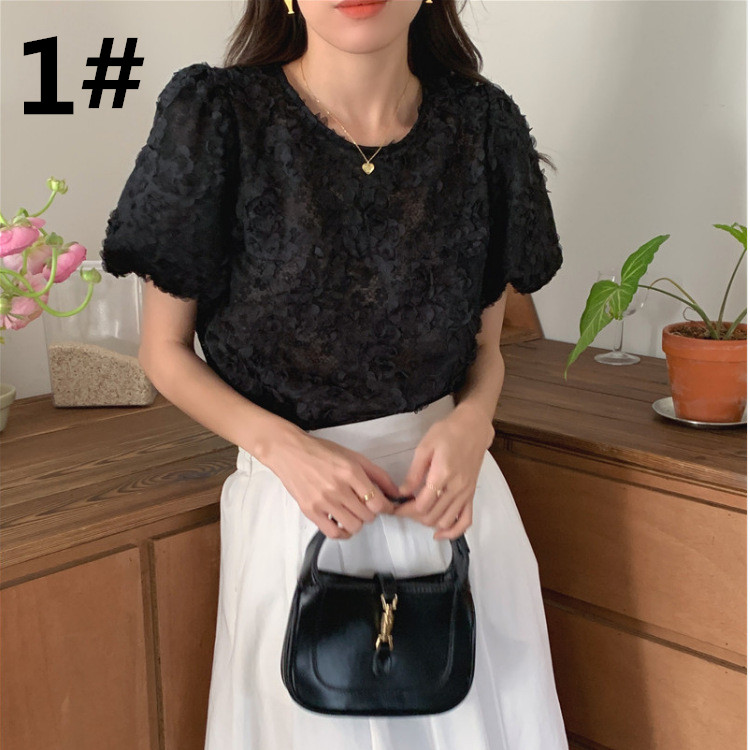 レース 服 レース丸首半袖トップス体型カバーふんわり袖レディース