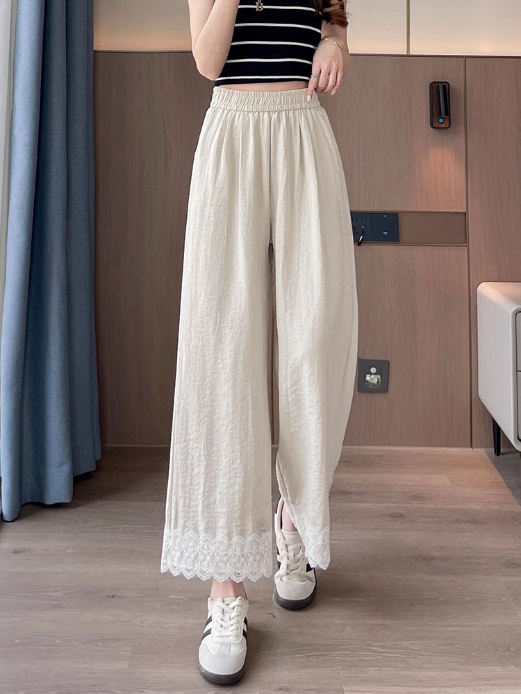 レース 服 裾レース付き楽ちんロングパンツ