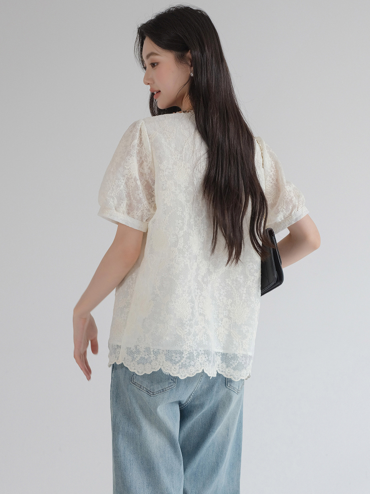 レース 服 花刺繍宝石襟パフスリーブレースブラウス