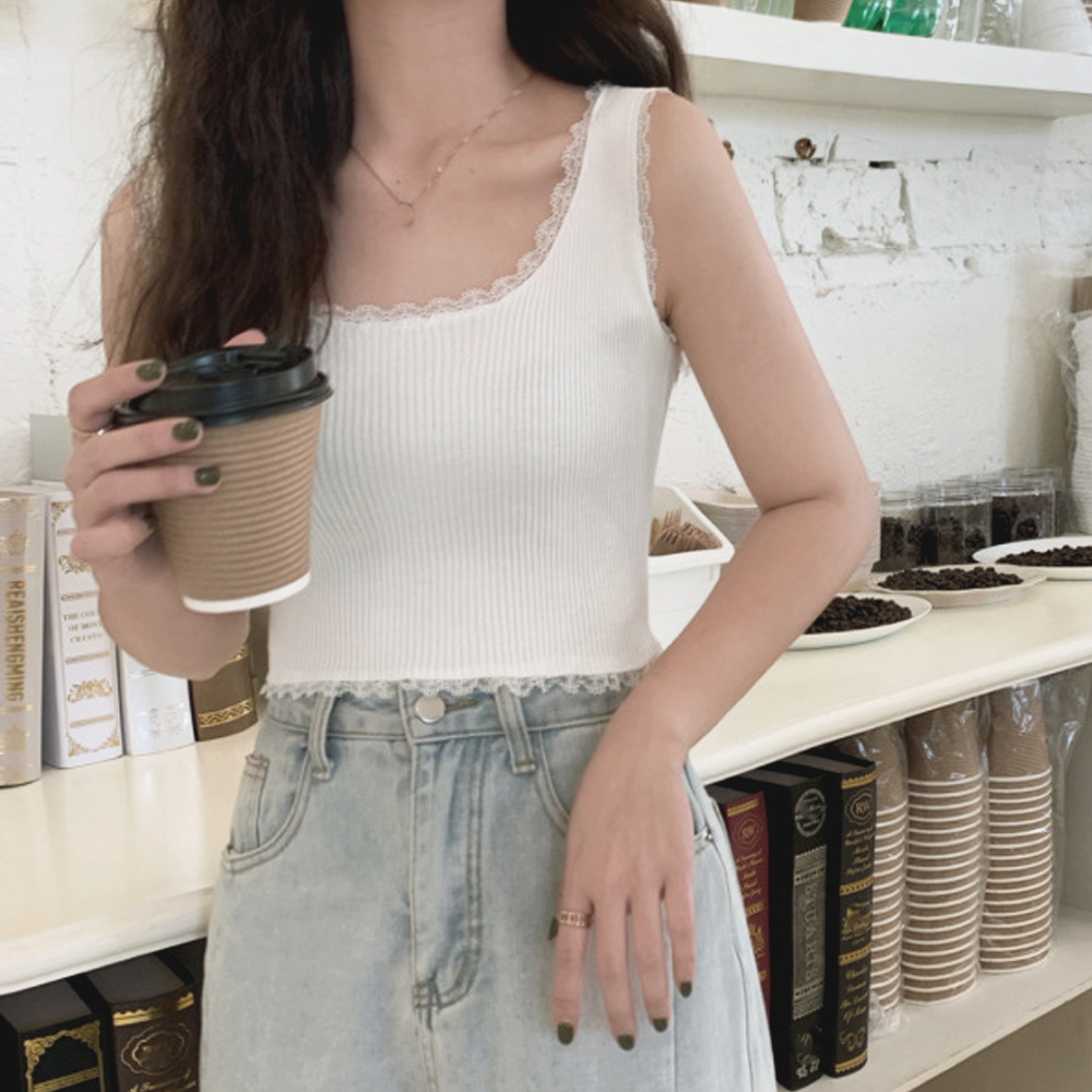 レース 服 レース付きリブニットタンクトップ へそ出しショート丈