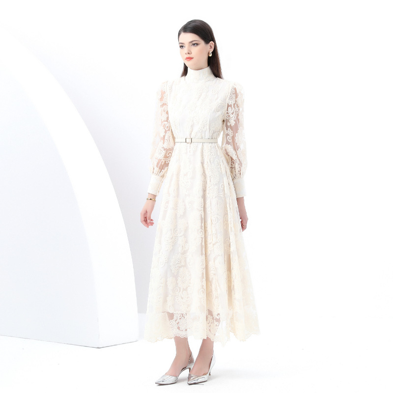 レース 服 高襟シアーレース長袖ワンピース