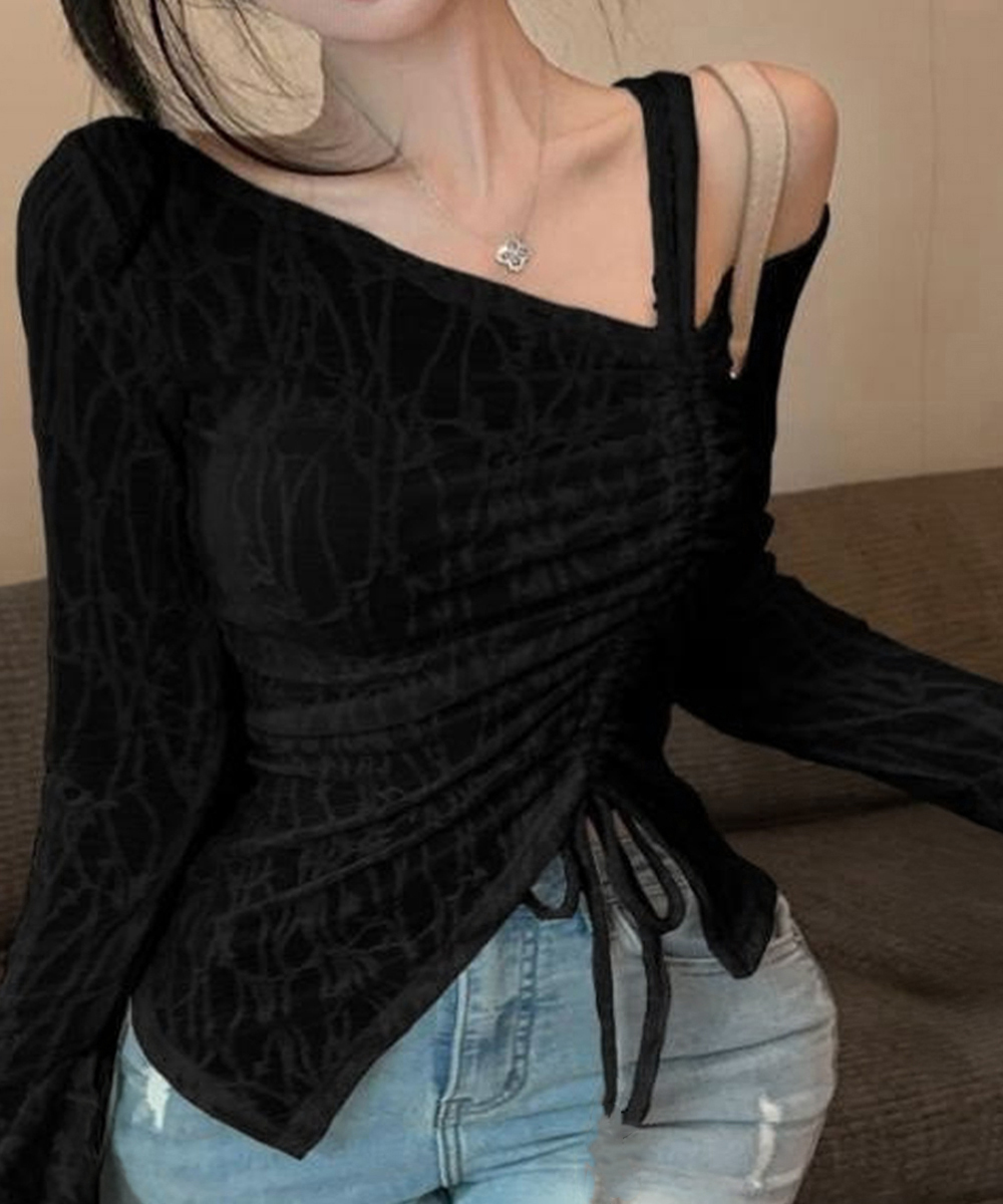 レース 服 ワンショルダーレーストップス肩出しギャザーデザイン