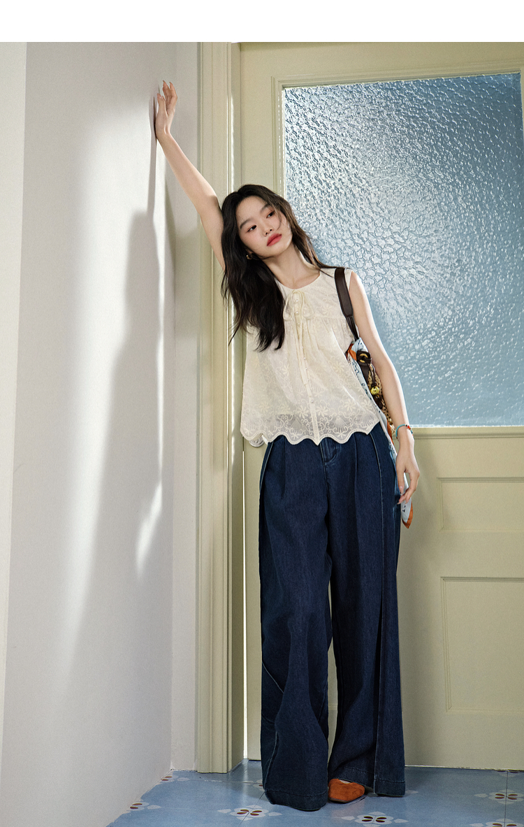 レース 服 花刺繍リボンノースリーブブラウス