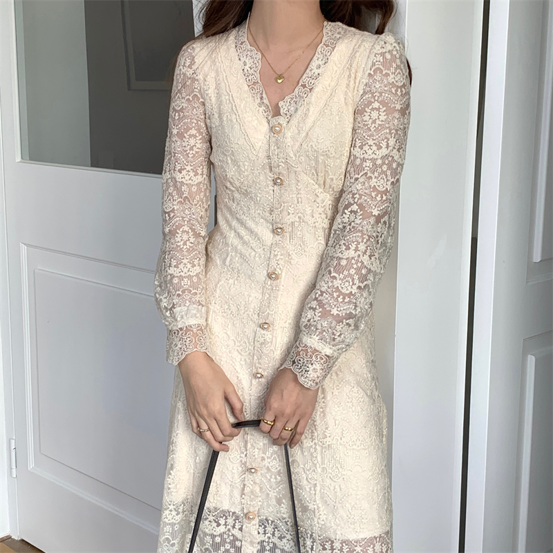 レース 服 韓国風気質ブイネック透かし彫りレースワンピース