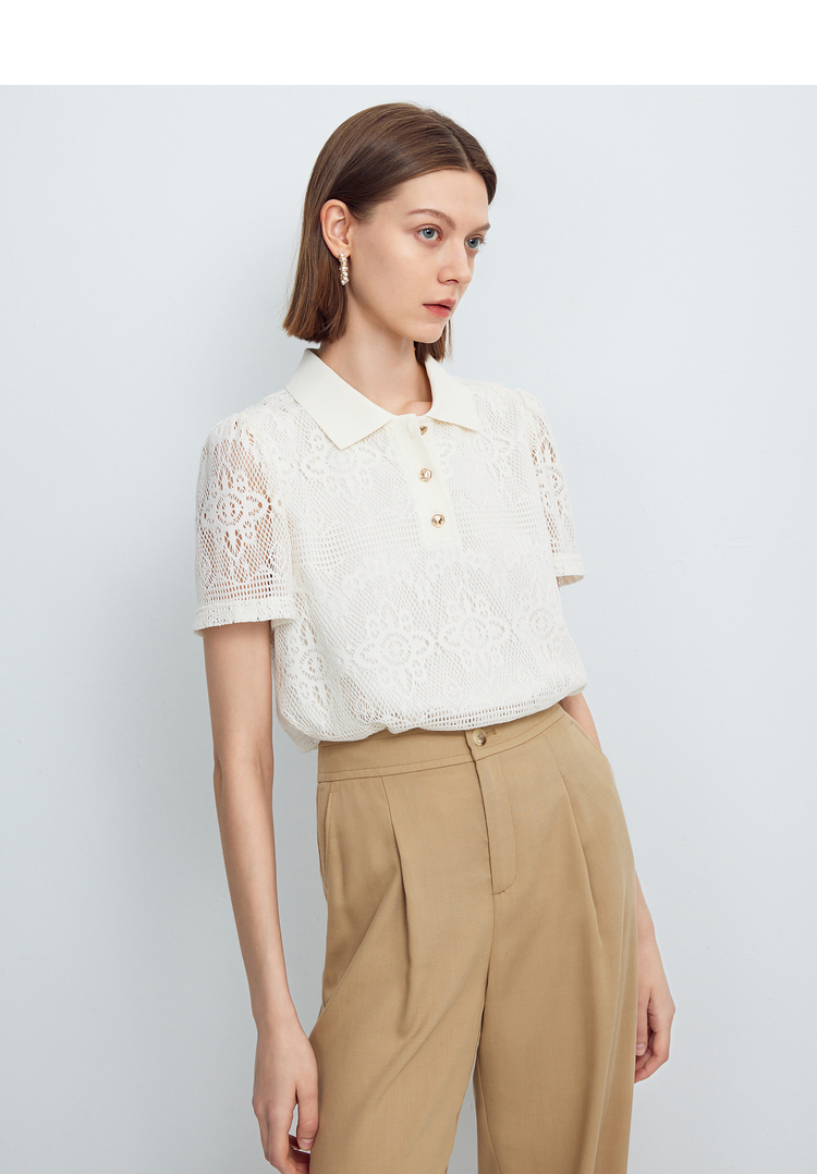 レース 服 花柄レース襟付きポロトップス