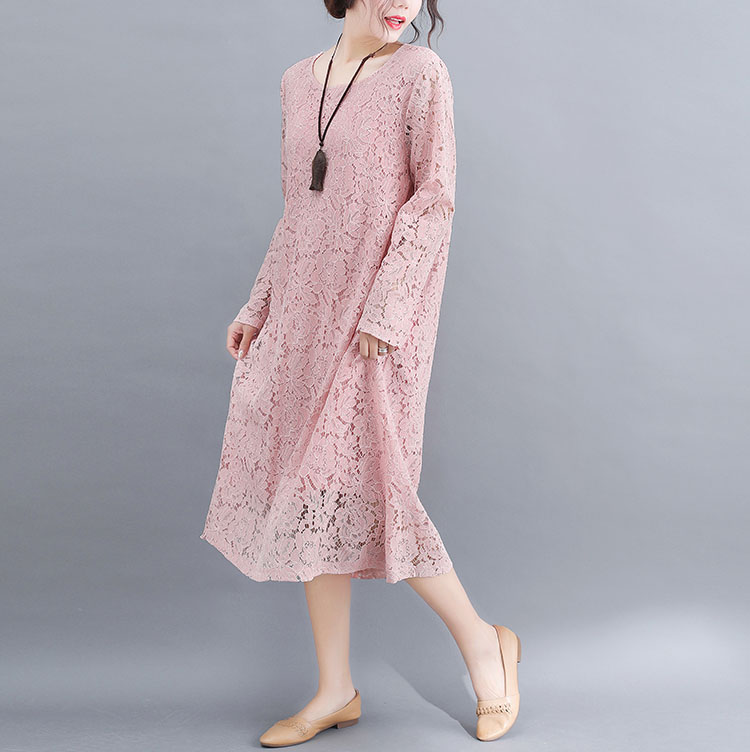 レース 服 総レース長袖ワンピース大きいサイズ着痩せミディ丈