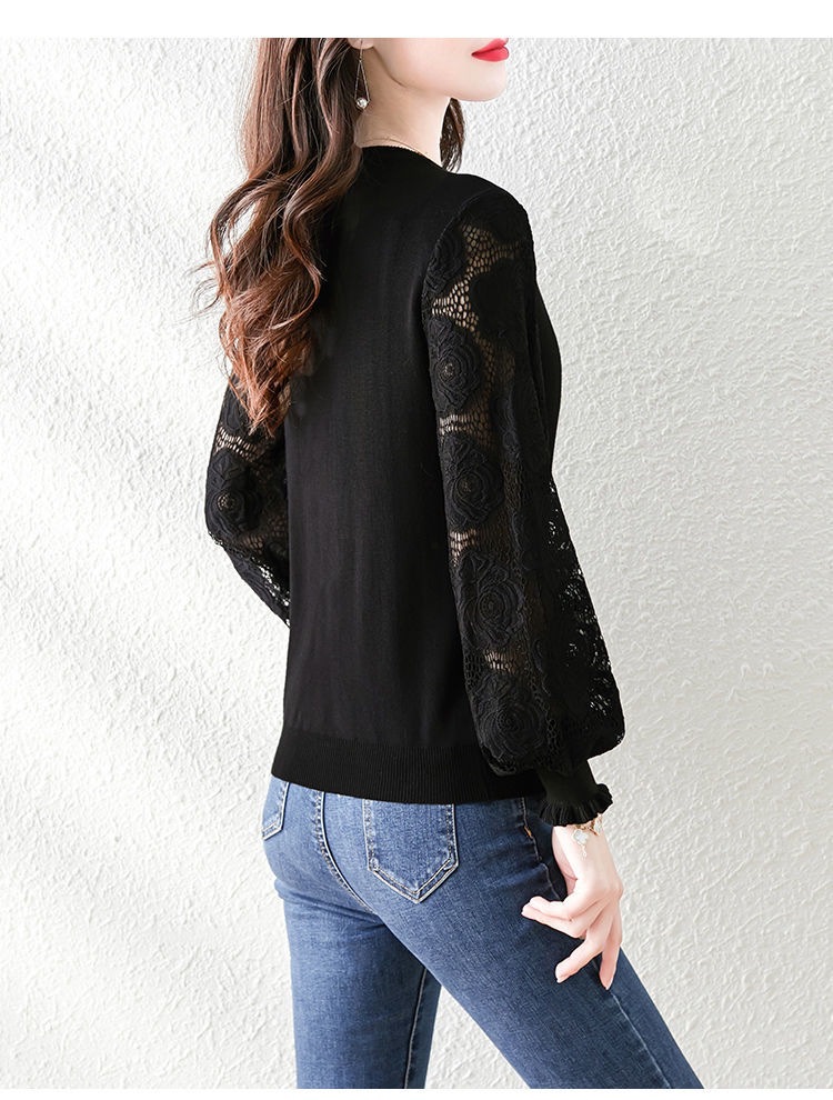 レース 服 2025新作レース袖切り替え長袖薄手透け感丸首トップス