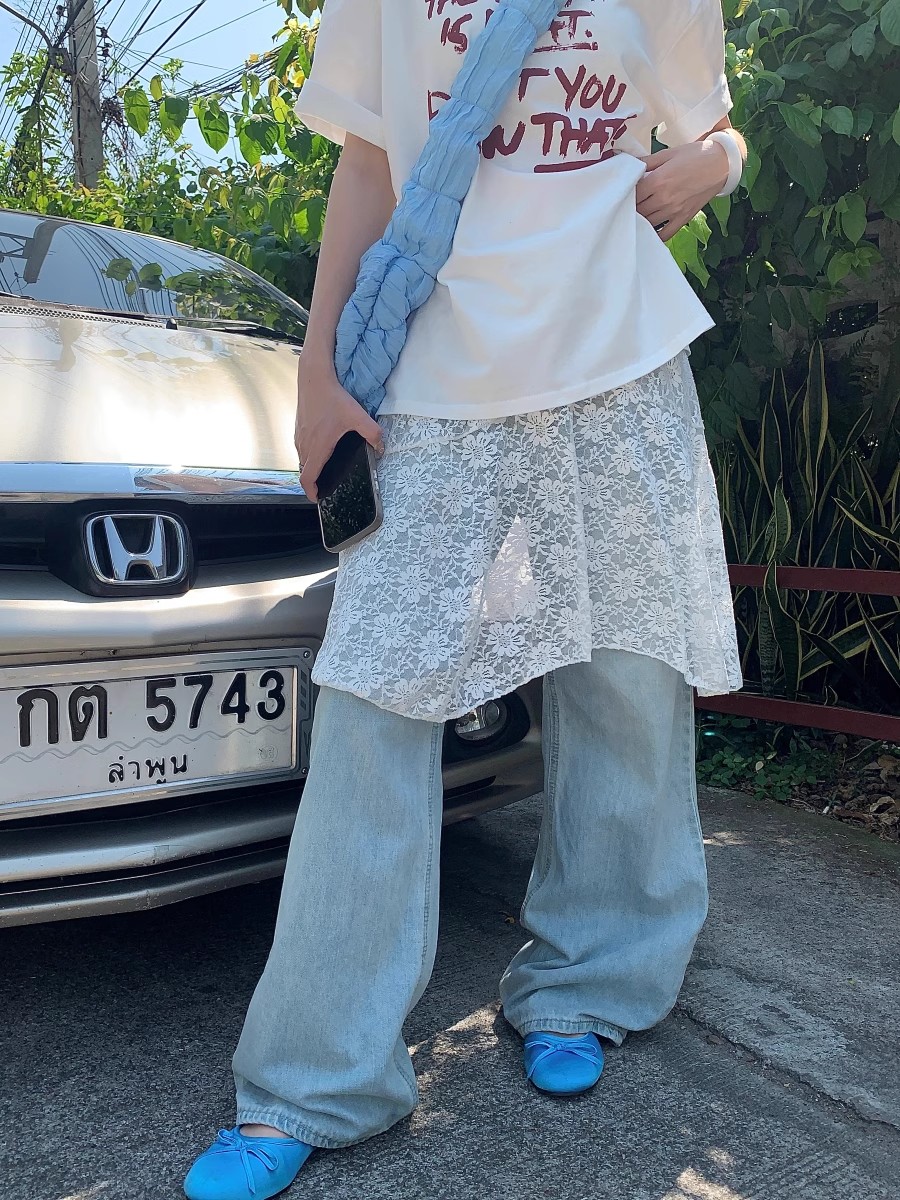 レース 服 花模様透かし編みレースフレアスカート