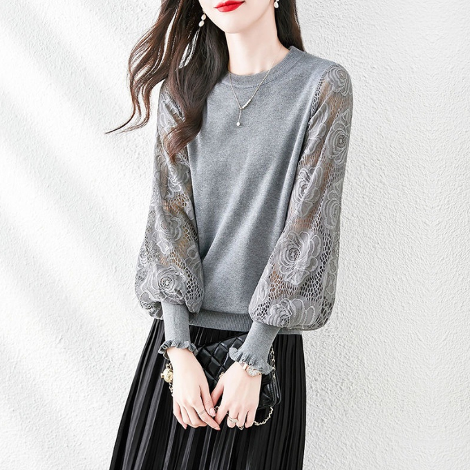 レース 服 2025新作レース袖切り替え長袖薄手透け感丸首トップス