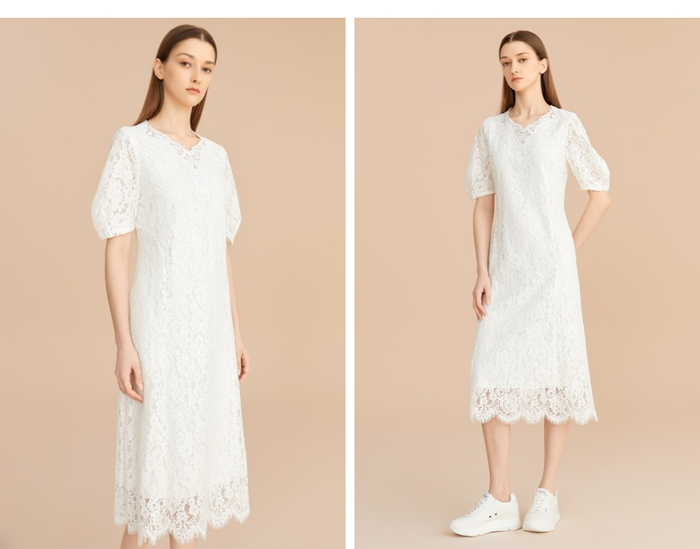 レース 服 花柄レース袖ふんわりミディ丈ワンピース