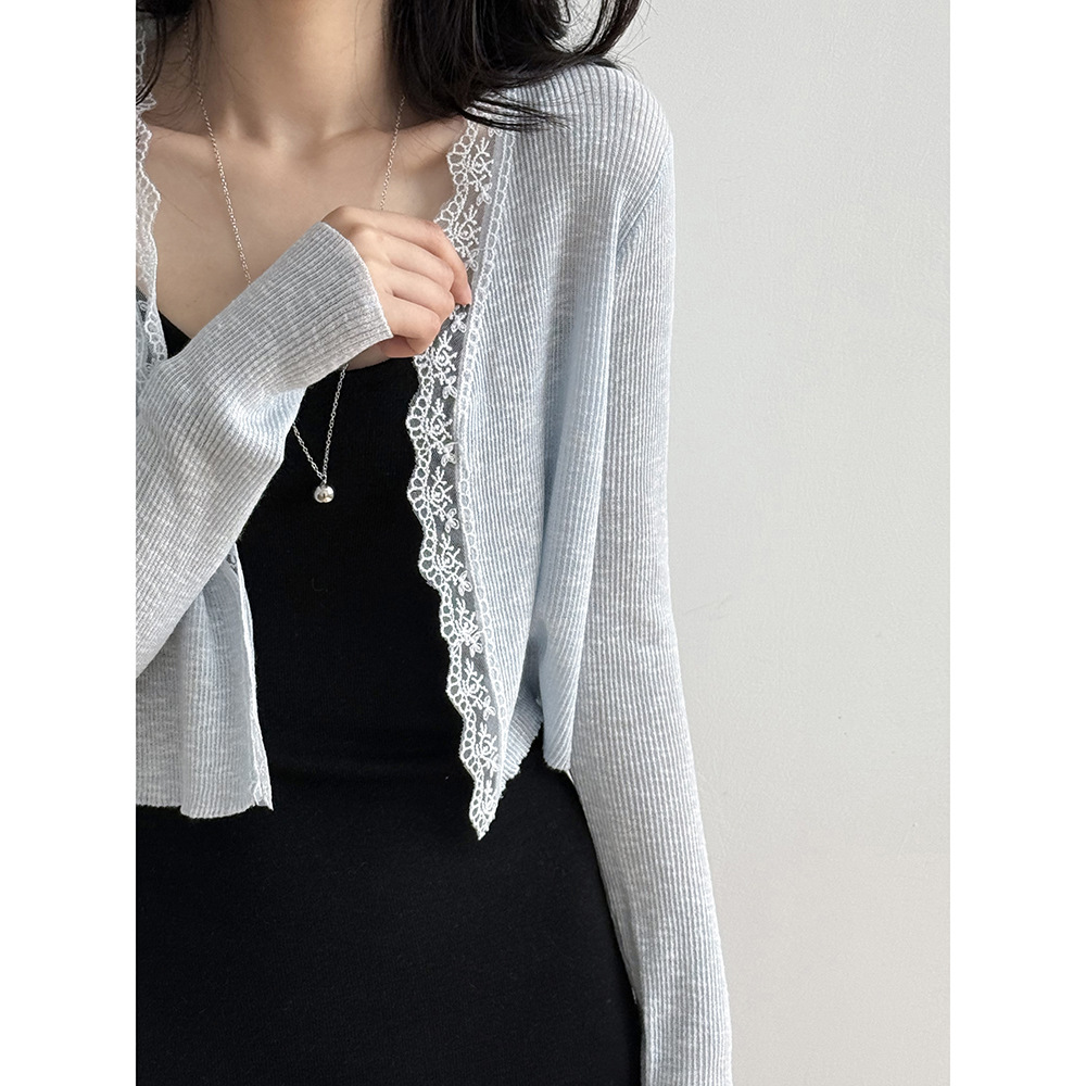 レース 服 レース縁取りリブ編みカーディガン