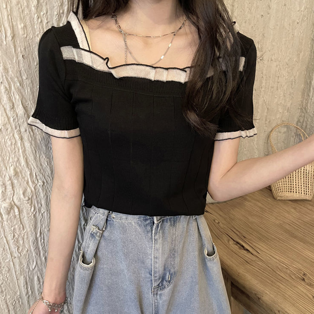 レース 服 フリル袖スクエアネック レース付きサマーニット