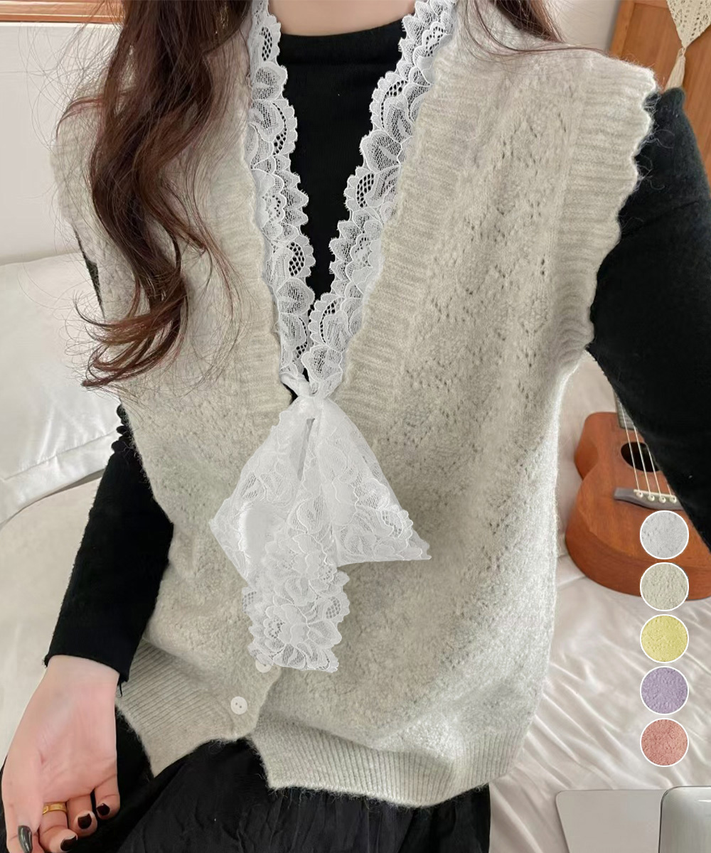 レース 服 レース襟リボン付きニットベスト