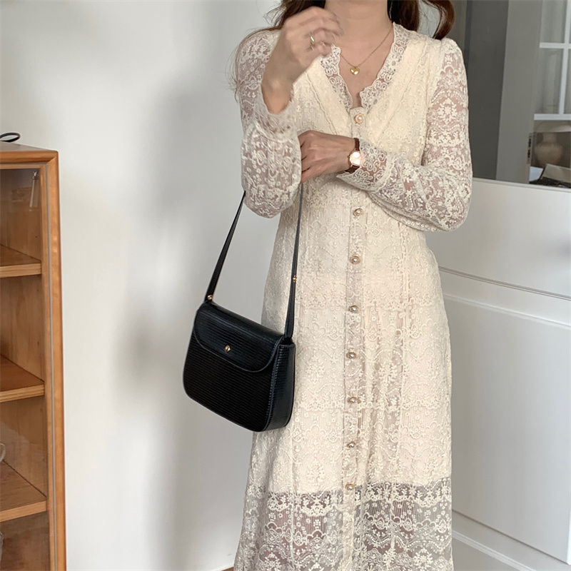 レース 服 韓国風気質ブイネック透かし彫りレースワンピース