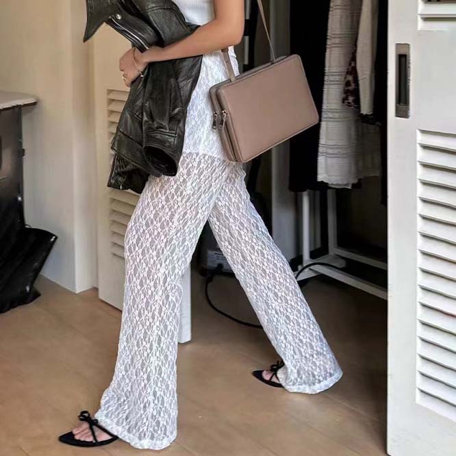 レース 服 薄手レースロングパンツ個性的おしゃれ着痩せ効果