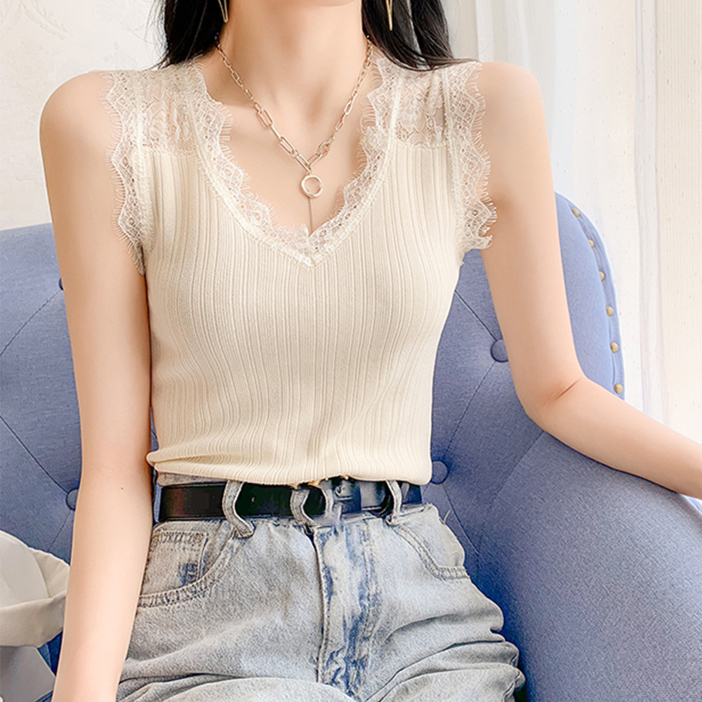 レース 服 レース切り替えリブニットキャミソール