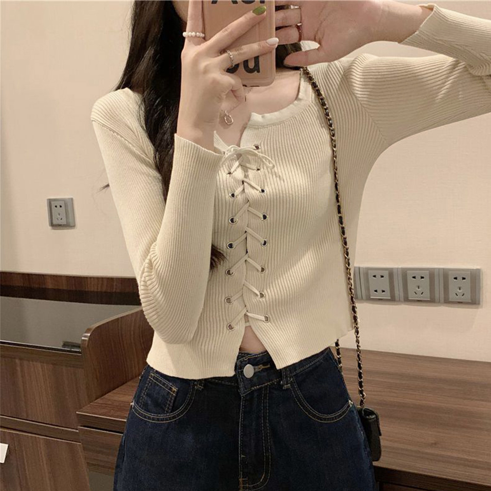 レース 服 リブ編みニット レースアップ 長袖トップス