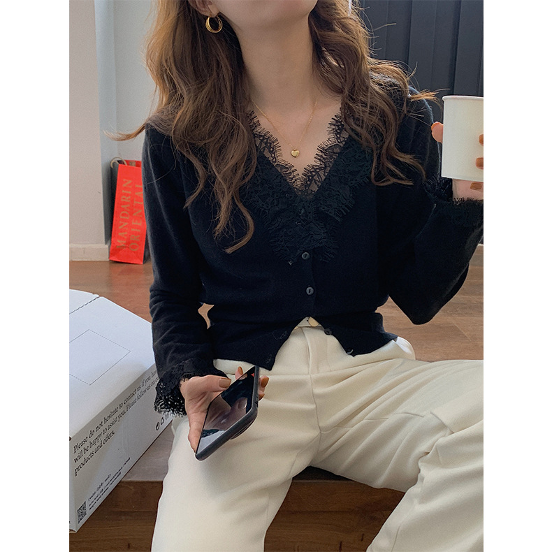 レース 服 レディース長袖レース襟ニットカーディガン 2色