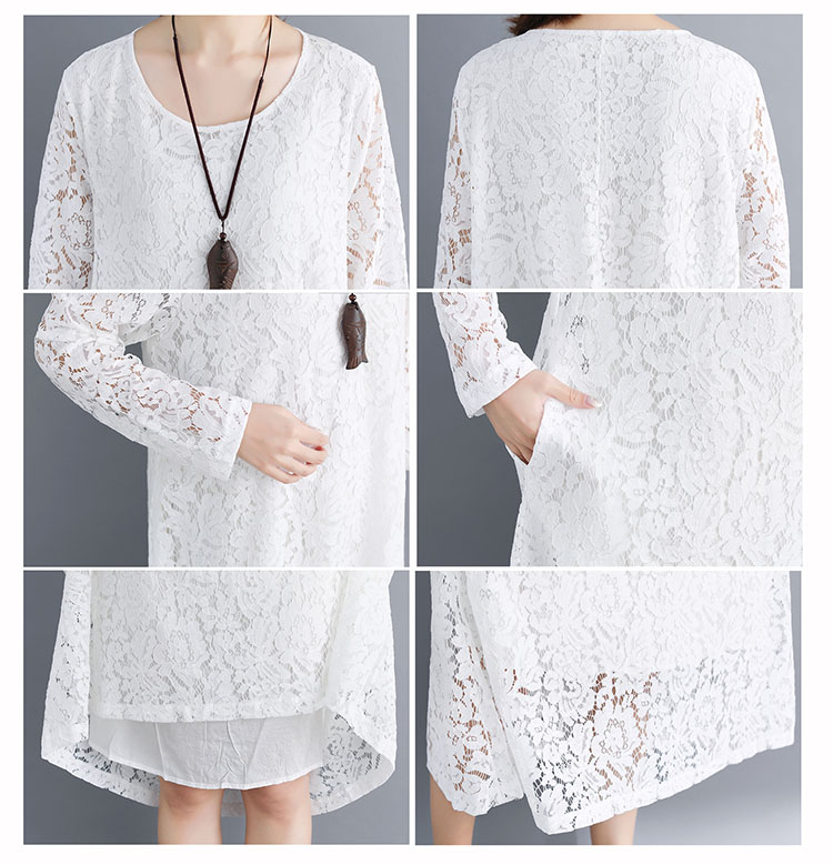レース 服 総レース長袖ワンピース大きいサイズ着痩せミディ丈