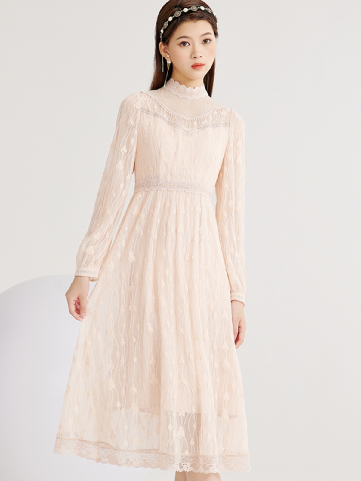 レース 服 花レース 立ち襟 長袖ワンピース