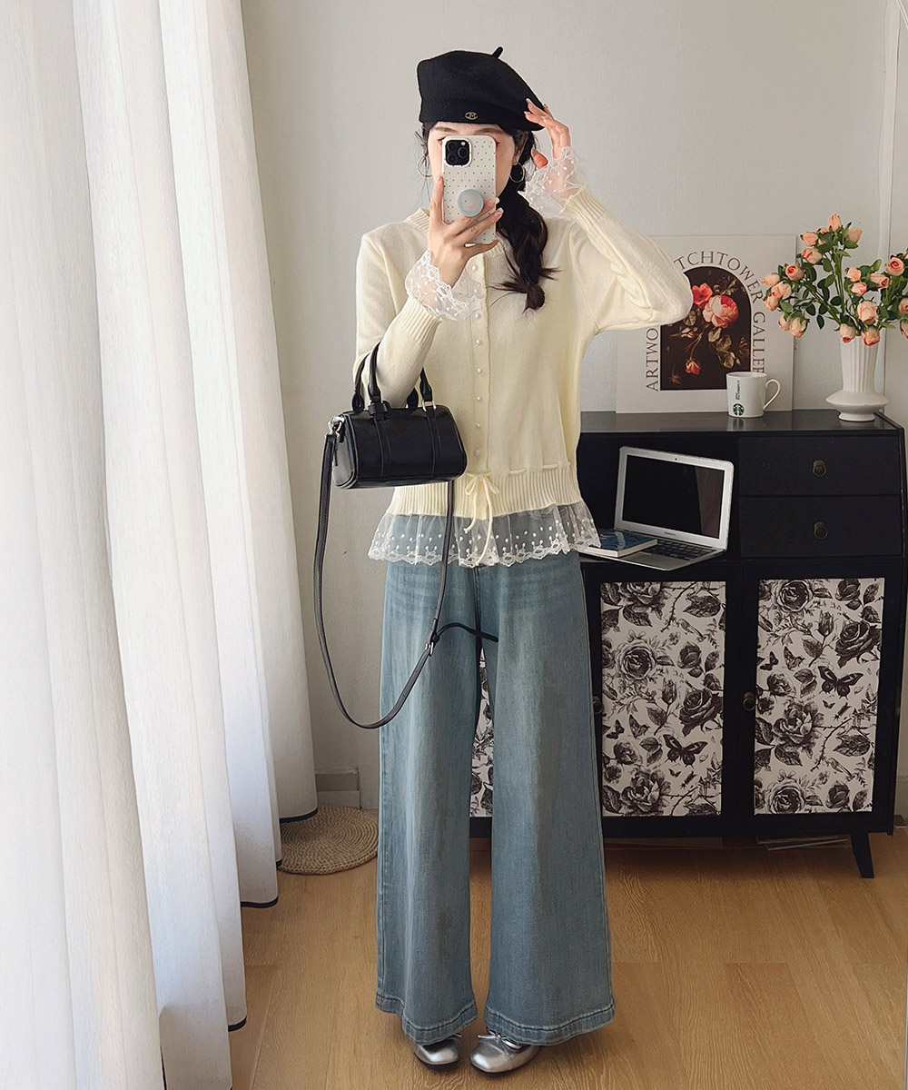 レース 服 レース切替ニットカーディガン長袖秋冬