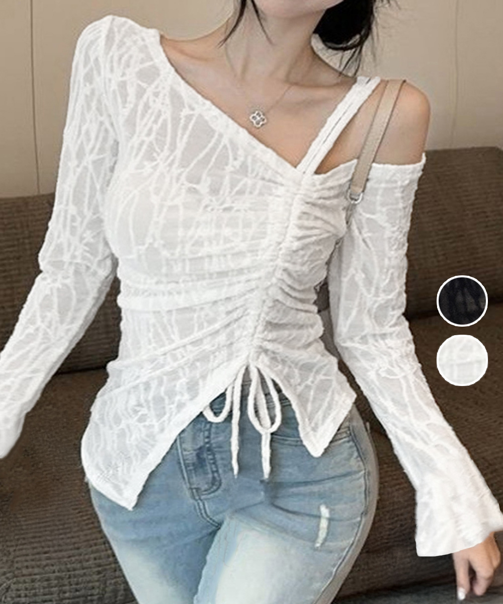 レース 服 ワンショルダーレーストップス肩出しギャザーデザイン