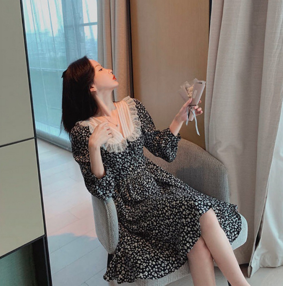 レース 服 レース襟花柄ワンピース 長袖シフォン風