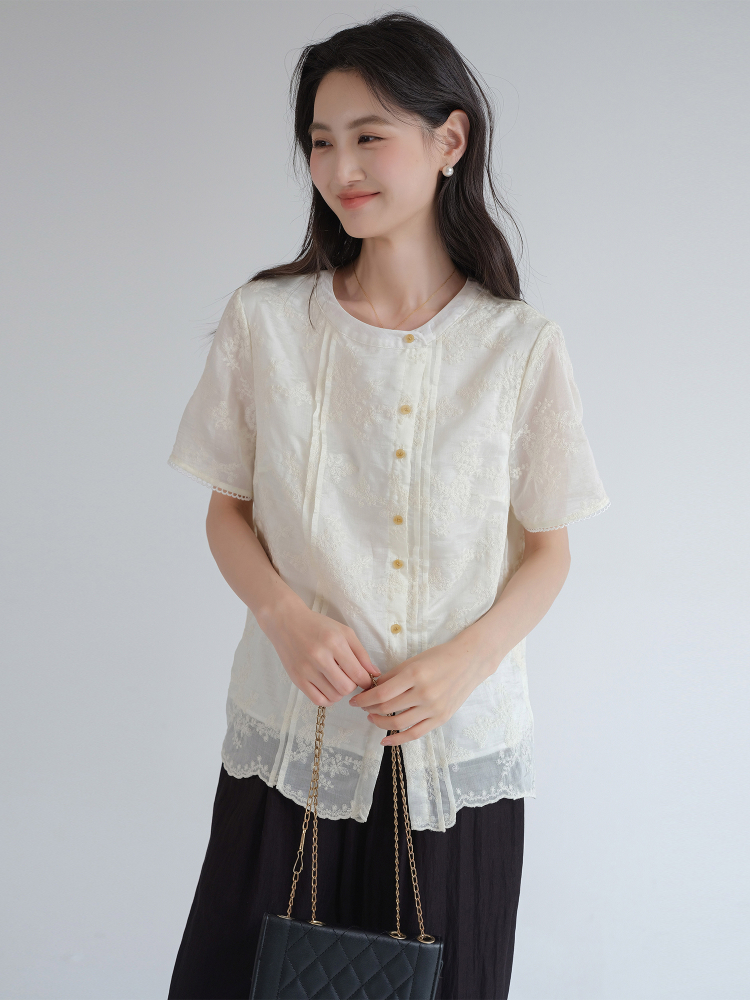 レース 服 花刺繍入り裾レース半袖ブラウス