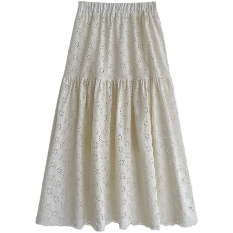 レース 服 透かし彫りレーススカート ロング丈フレア ティアード