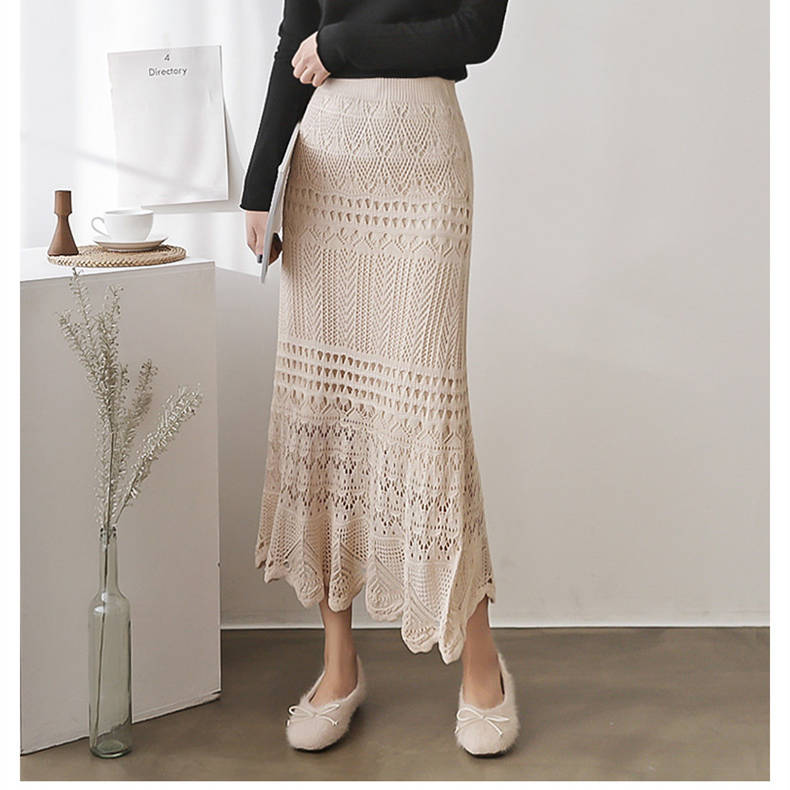 レース 服 春夏新作 透かし編み レースニットスカート ロング丈 女性用