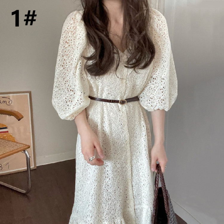 レース 服 レース透かし彫りワンピース体型カバーロング丈