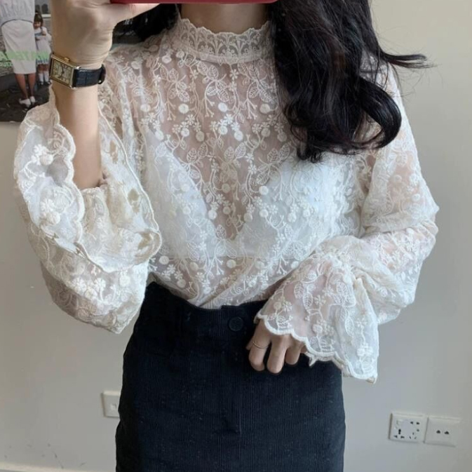 レース 服 二〇二五年新作 透け感レース ハイネック長袖ブラウス