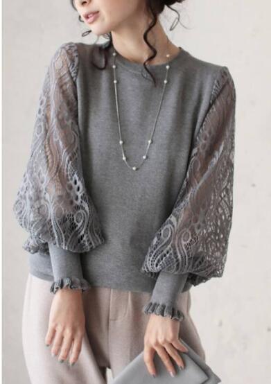 レース 服 秋冬新作レース袖ニットセーター上品カジュアルトップス