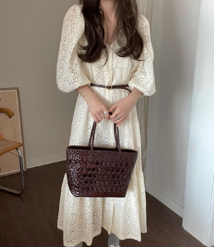 レース 服 レース透かし彫りワンピース体型カバーロング丈