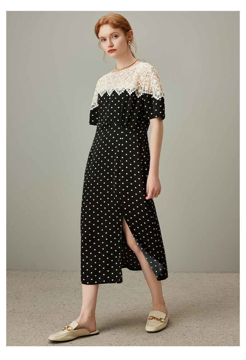 レース 服 レース切り替え水玉スリットワンピース
