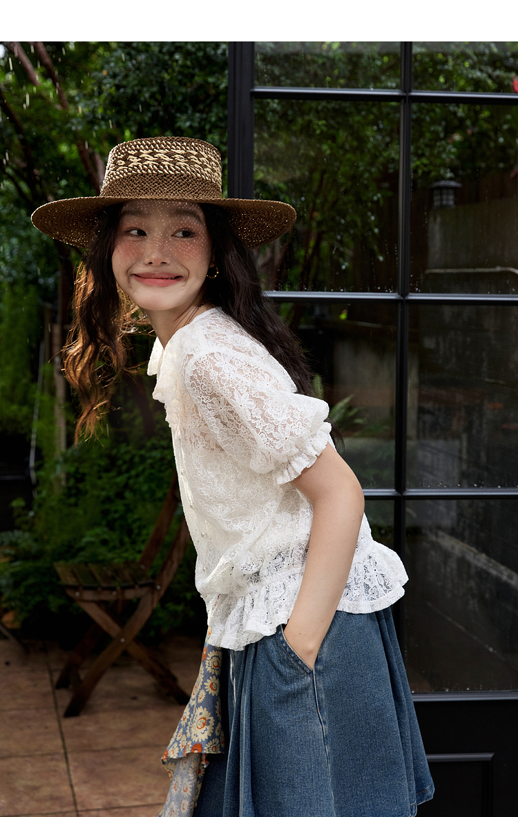 レース 服 透かし彫りフリルレースブラウス