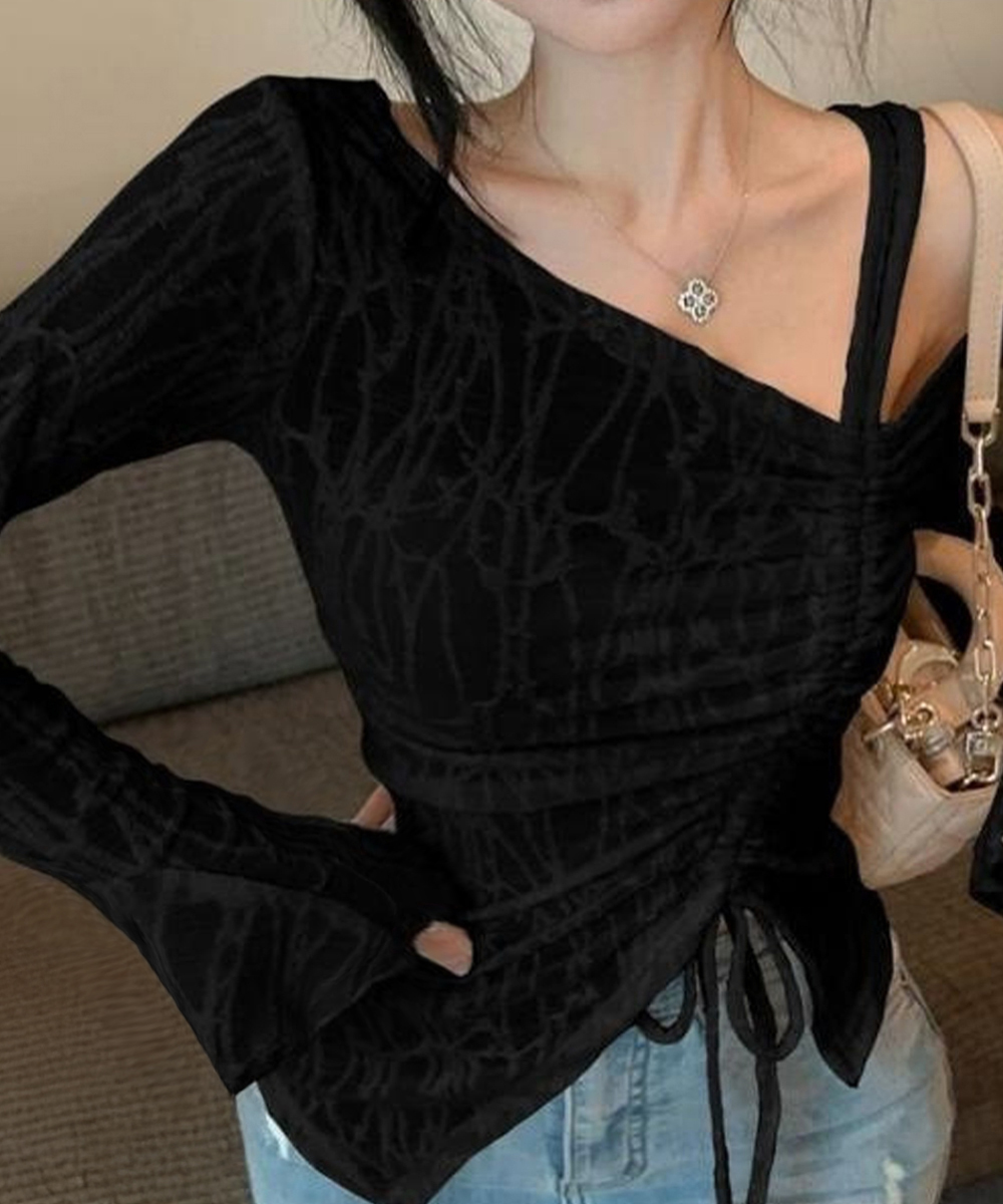 レース 服 ワンショルダーレーストップス肩出しギャザーデザイン