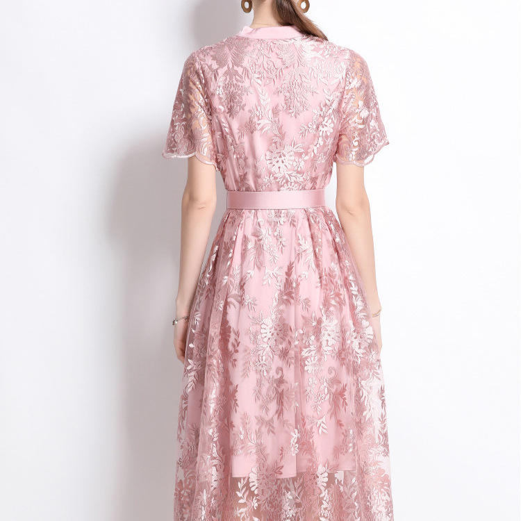 レース 服 花柄レース 前開きベルト付きワンピース