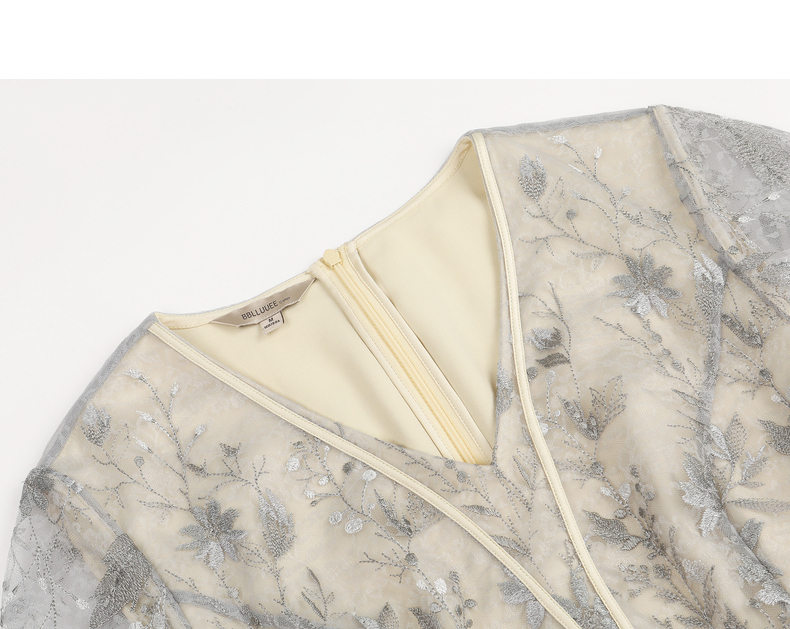 レース 服 花柄レース 七分袖ベルト付きワンピース