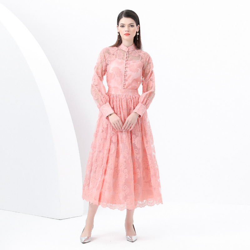 レース 服 シアーレース シャツカラーワンピース