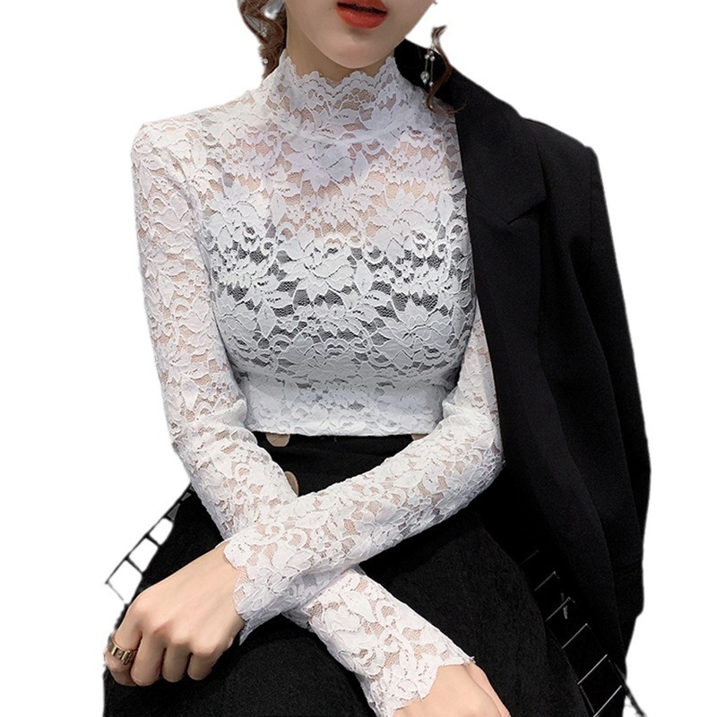 レース 服 秋新作レディース長袖ハイ襟レースインナートップス